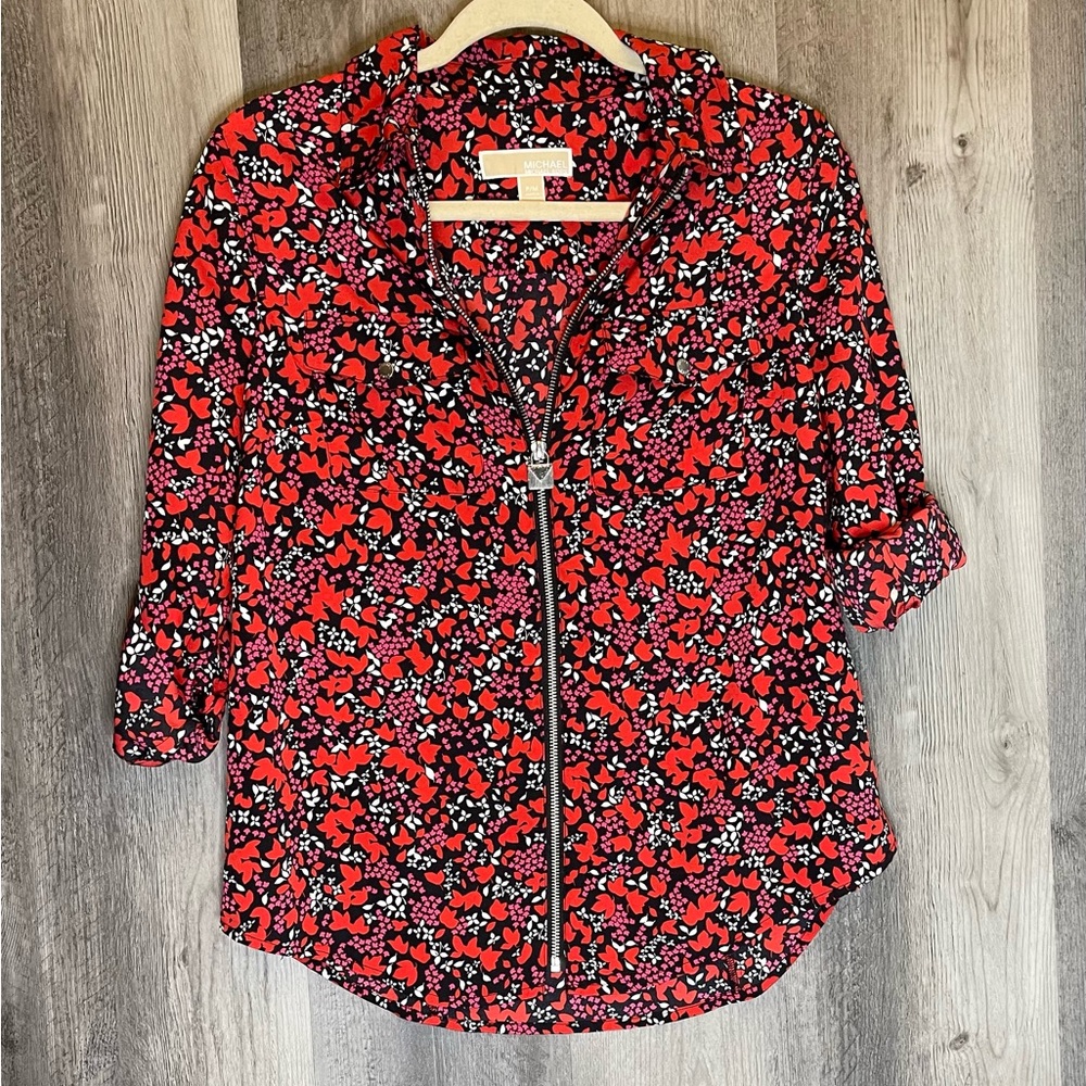 Michael Kors Women's Floral Print Full Zipper Blouse Black Red Size P/S